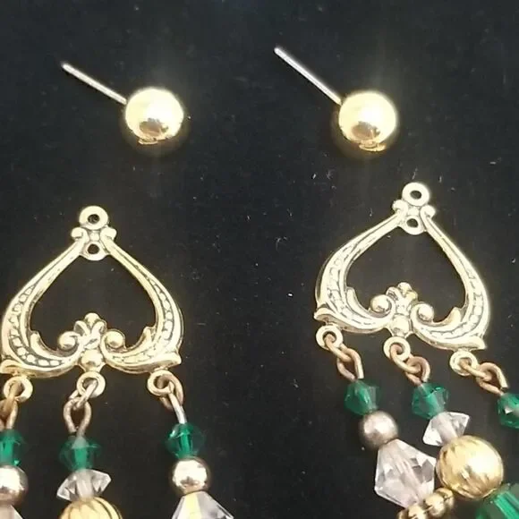 Chandelier Earrings Green 3 Rows Gold Post - Picture 11 of 11